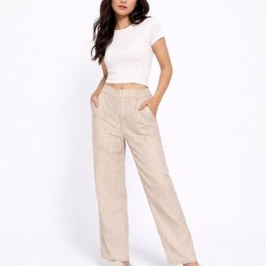 NIC+ZOE Beige Striped Linen Blend Pants 8 Coastal Quiet Luxury Clean Girl Resort